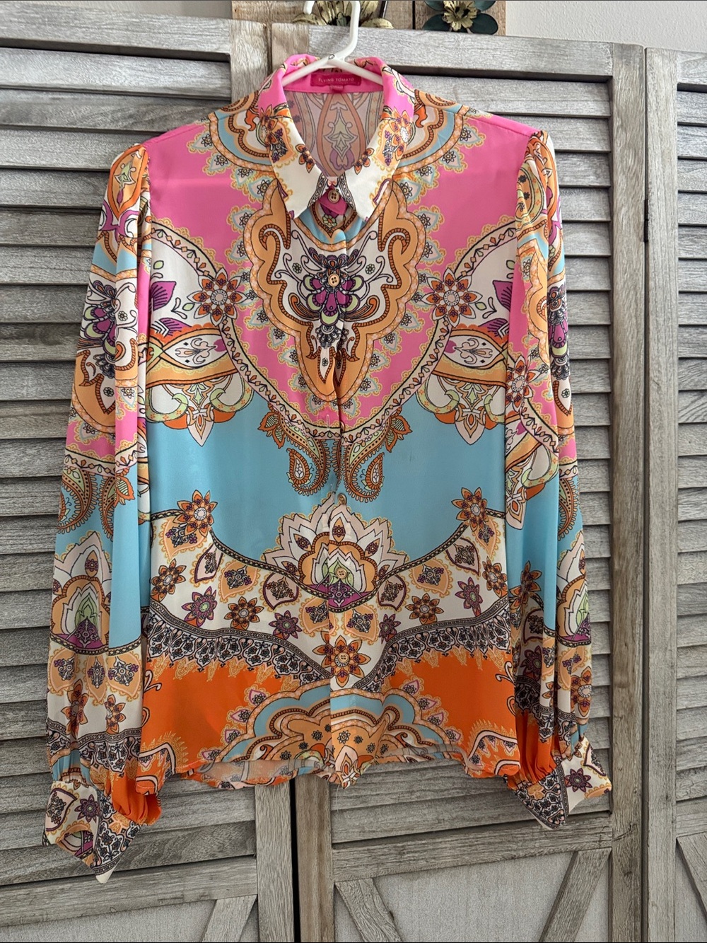 Flying Tomato Pink Blue Orange Paisley Button-Down Blouse